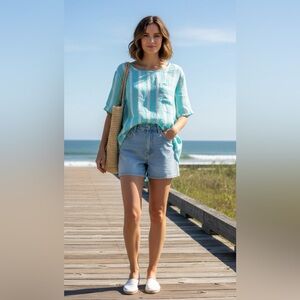 Christian Siriano New York Linen Striped Top Short Sleeve Coastal Beachy